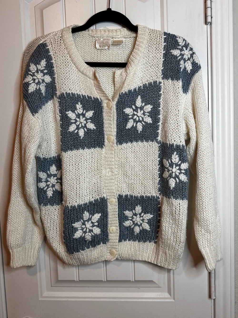 Needles & Yarn Cardigan Womens S Ivory Granny Square Knit Sweater vintage
